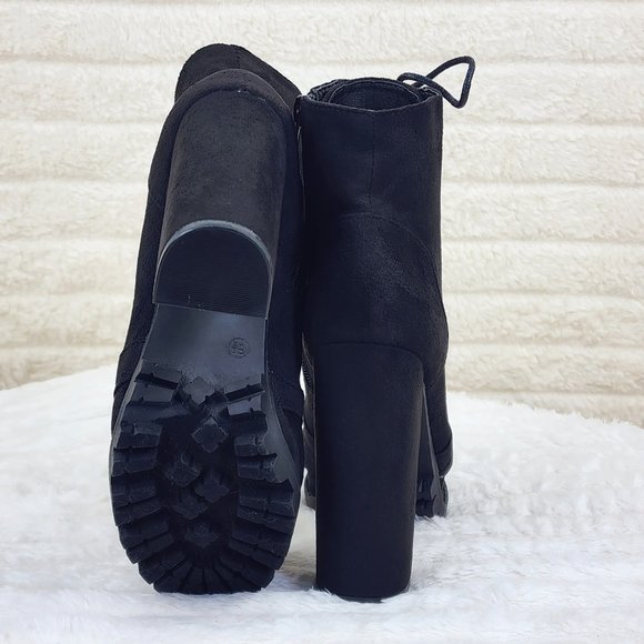 Vivian Black Faux Suede Chunky Heel Platform Ankle Boots - Picture 7 of 14